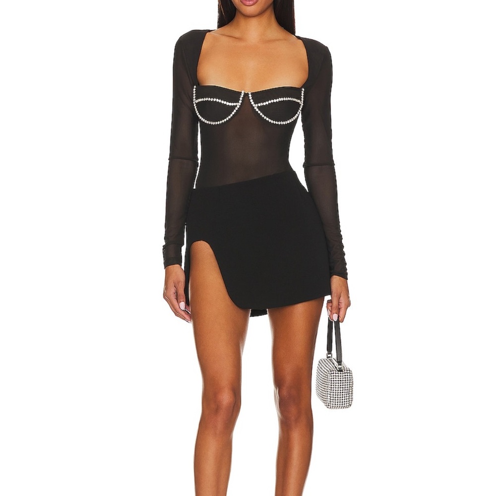 Sheer Black Long Sleeve Bodysuit with Rhinestone Detail - Picture 5 of 8